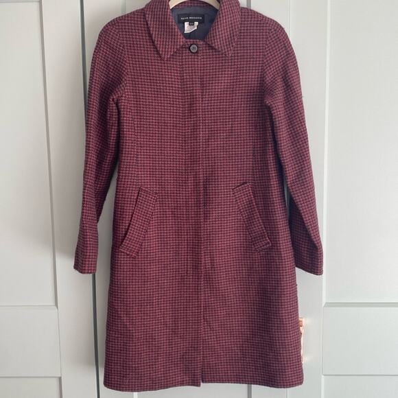 Club Monaco Poly Wool Blend Knee lengthy Navy Red Patterned Pea coat sz XS - Picture 1 of 5